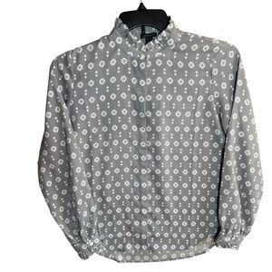 Ann Taylor Gray Medallion Print Ruffle Neck Button Down Blouse - S CottageCore